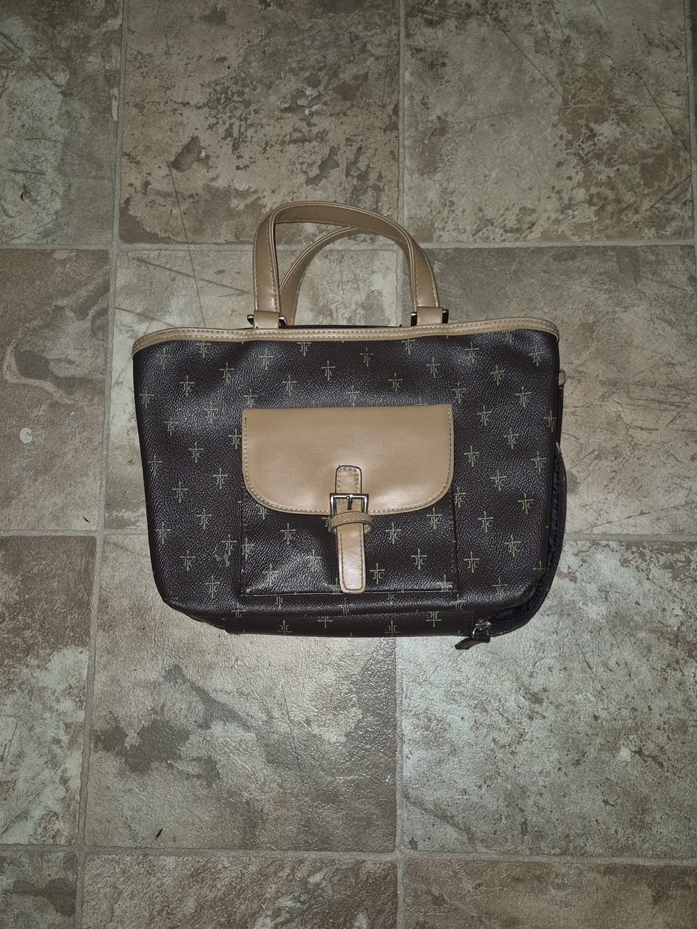 Brown Canvas Briefcase with Tan Trim and Front Buckle Pocket
